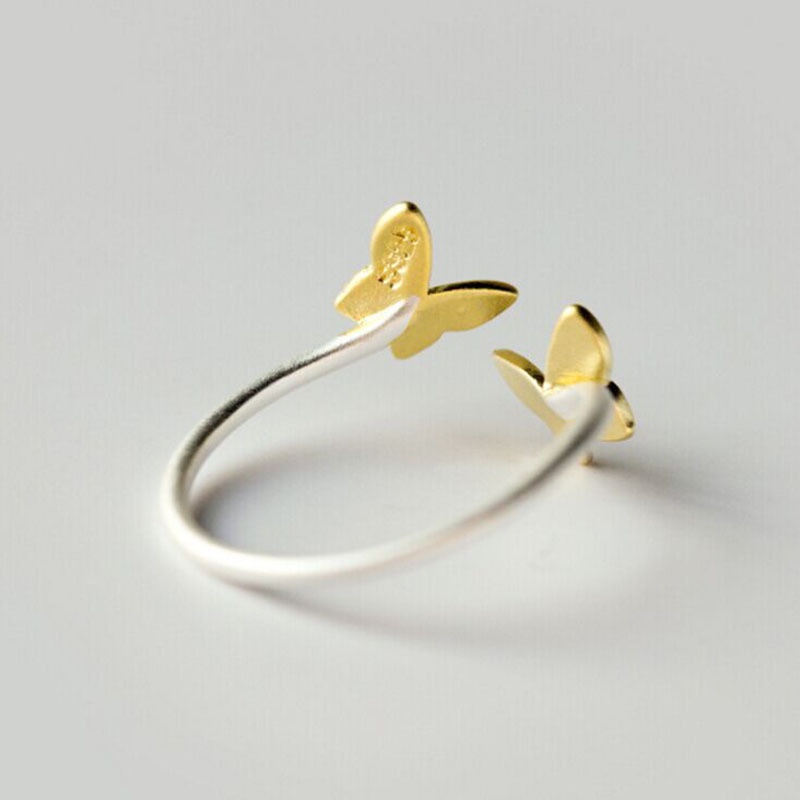 Goldkingdom Fashion Perhiasan Aksesoris Ready Stock Kepribadian Perhiasan Kupu-Kupu Ganda Emas Pembukaan Cincin Kreatif Warna Emas Dan Perak Perhiasan