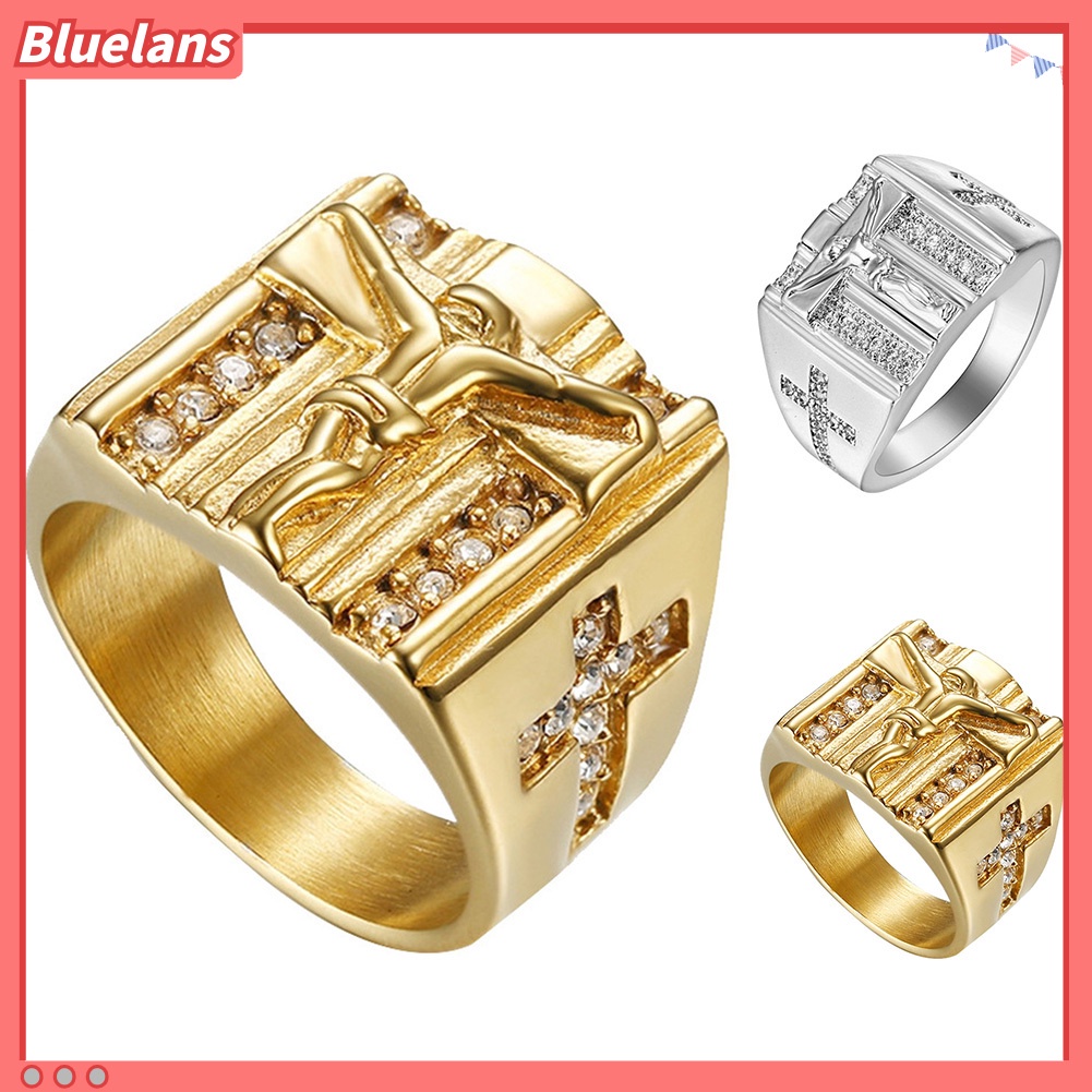 {In Stock} Chic Salib Yesus Ukir Cubic Zirconia Bertatahkan Cincin Unisex Perhiasan Pernikahan Hadiah