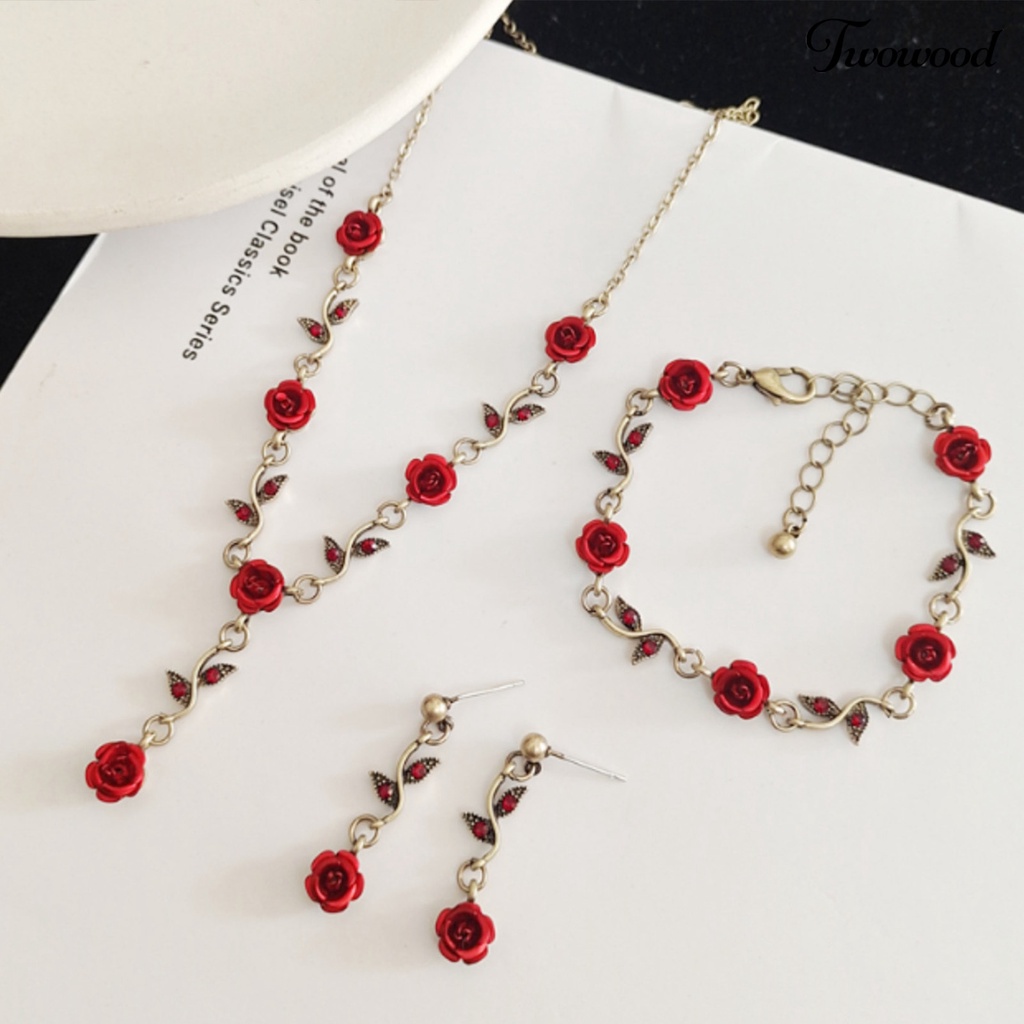 Twowood 1set Wanita Rose Kalung Gaya Perancis Retro Elegan Rantai Emas Peri Hadiah Adjustable Bunga Merah Gelang Stud Anting Kit Perhiasan Aksesoris