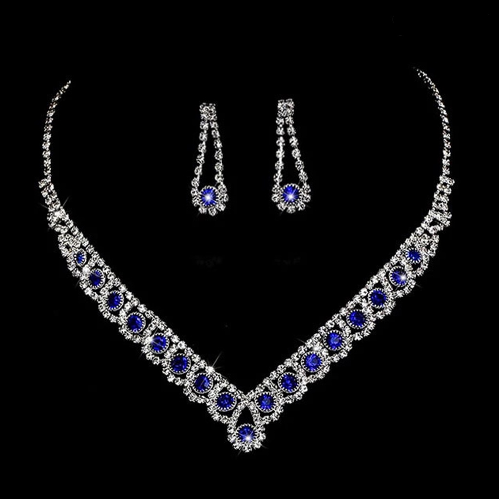 Twowood 1set Kalung Pengantin Elegan Bling Biru Berlian Imitasi Wanita Kalung Tetesan Air Anting Kit Perhiasan Pernikahan