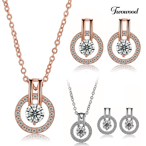 Twowood Women's Zircon Round Pendent Choker Rantai Kalung Anting Set Perhiasan Pernikahan