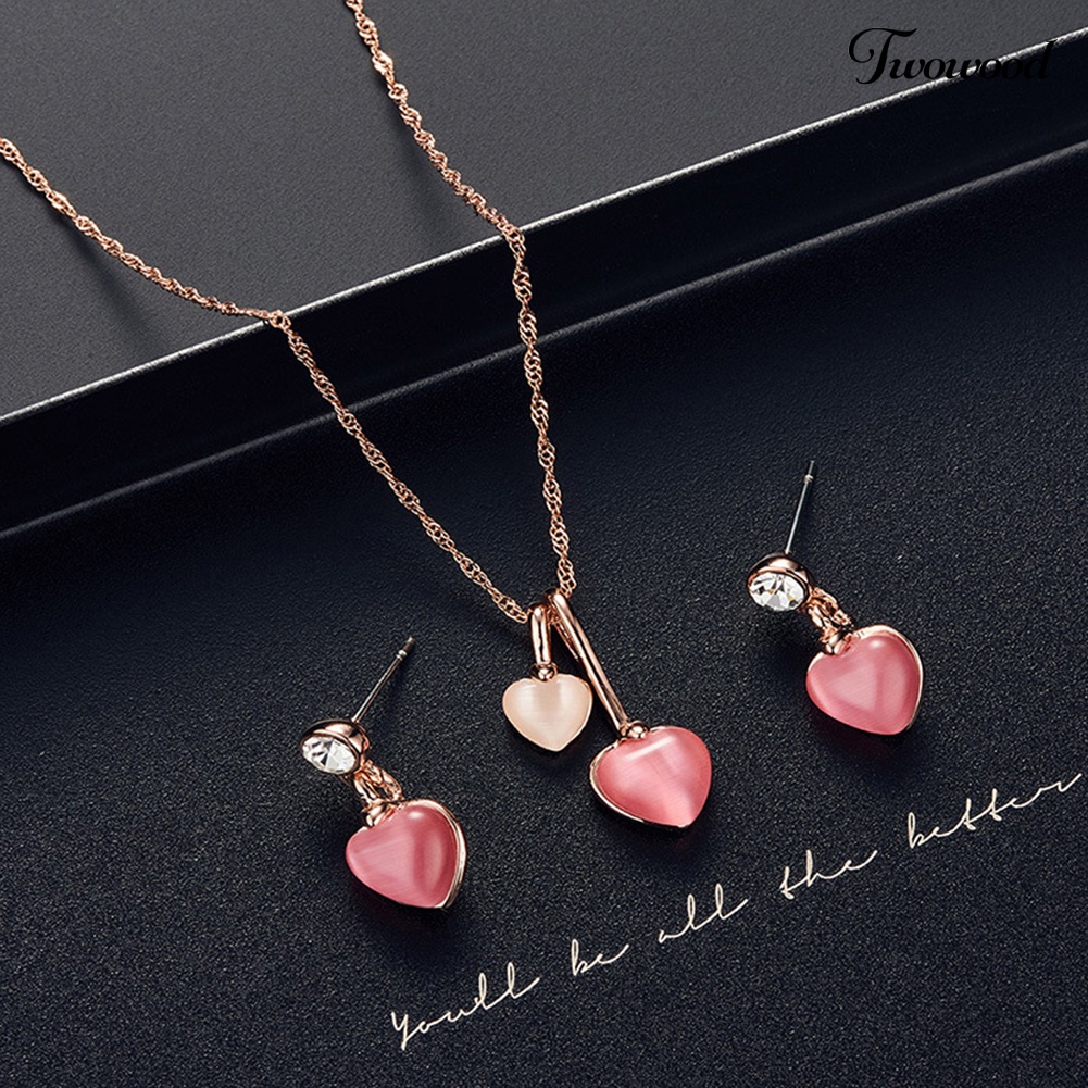 Twowood Romantis Berlian Imitasi Permata Imitasi Cinta Hati Liontin Kalung Anting Set Perhiasan