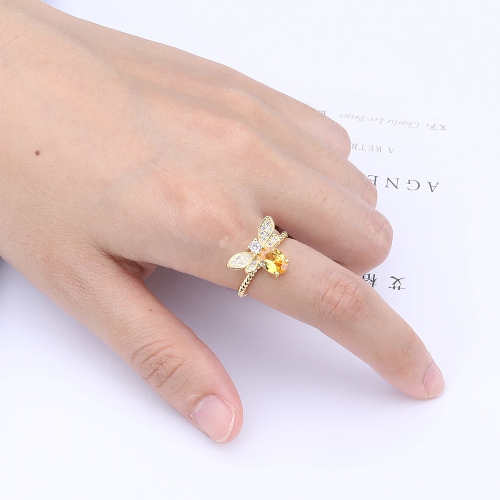 Goldkingdom Aksesoris Perhiasan Fashion Ready Stock Perhiasan Berlapis Emas Warna-Warni Cincin Lebah Kecil Kristal Kuning Dengan Bukaan Yang Dapat Disesuaikan