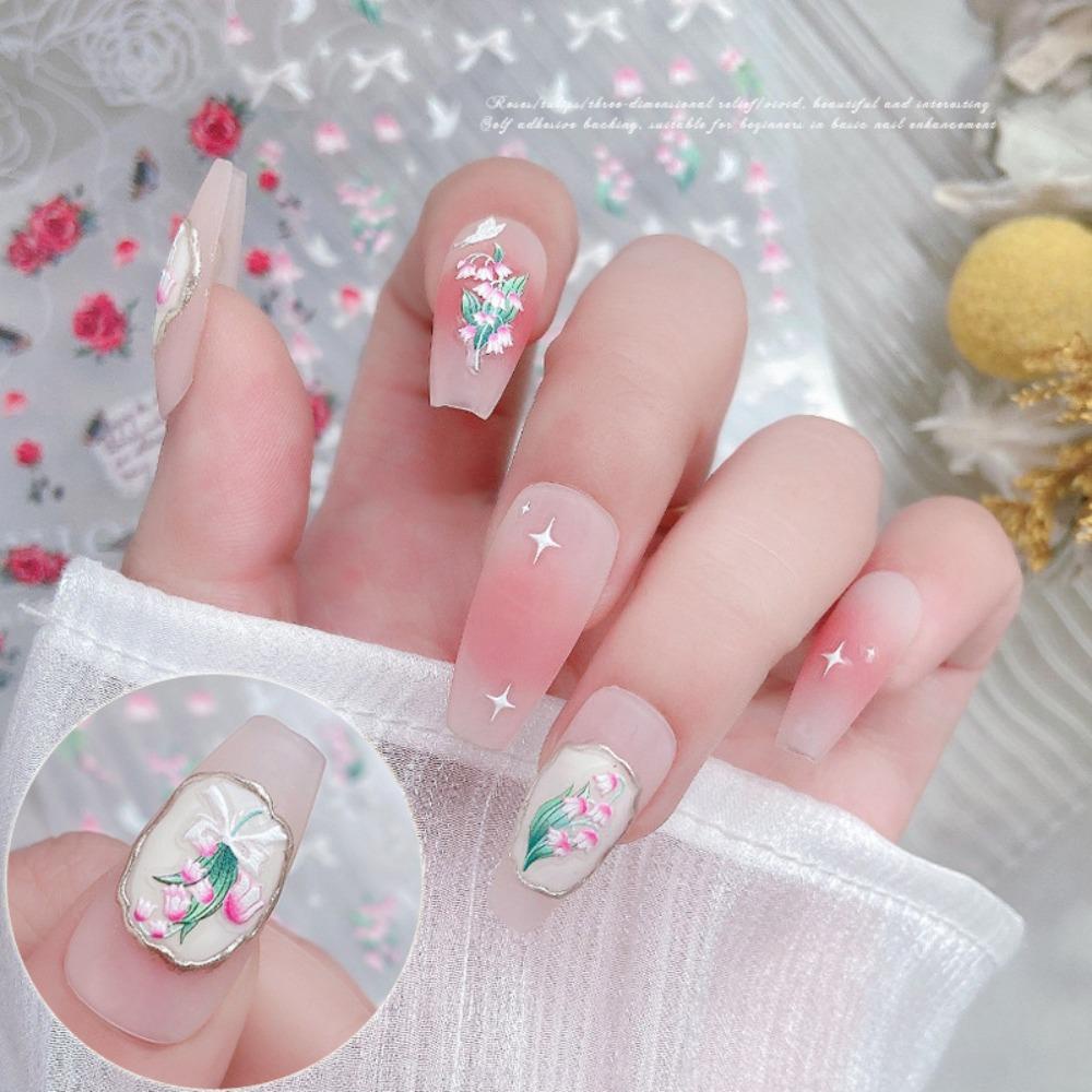 MXBEAUTY Flowers Nail Stickers Women Spring Japanese Style Tulip Bowknot Self Adhesive Nail Decorations