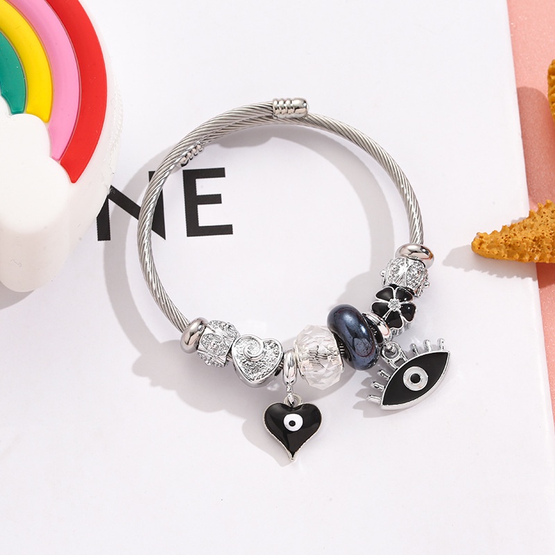 XiaoboACC DIY Stainless Steel Non Alergi Cinta Mata Jahat Liontin Manik-Manik Terbuka Adjustable Gelang