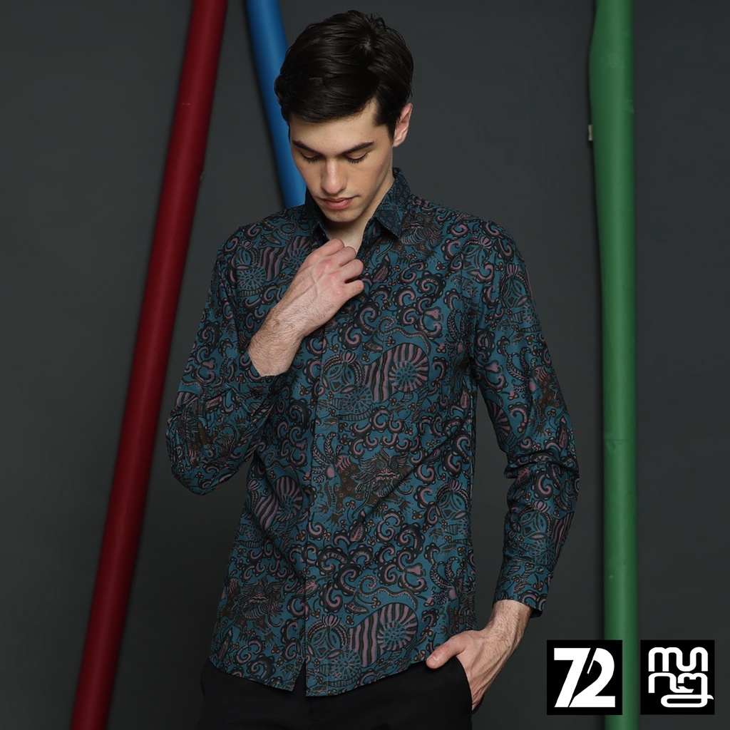 KEMEJA BATIK PRIA Katun Lengan Panjang Slimfit Motif Balian Warna Biru Tosca 723403 Cap 72 - Baju Kemeja Atasan Pakaian Setelan Batik Pria Cowok Laki Laki Remaja Keluarga Kantor Lengan Panjang Modern Slimfit Slim Fit Premium Kekinian