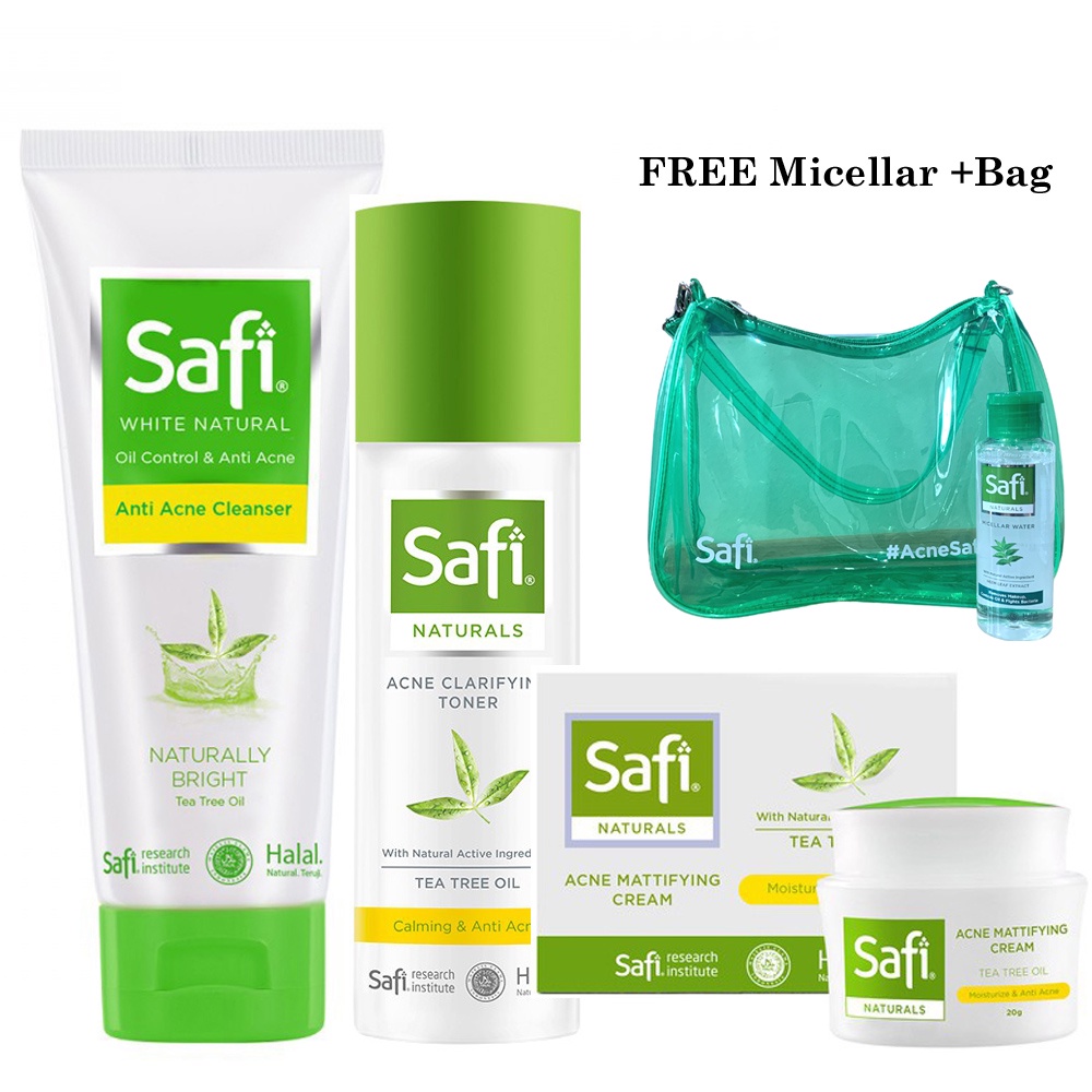 [Paket Komplit] Safi Naturals Acne Clarifying Cleanser 100ml + Toner 100ml + Cream 45gr - Free Bag + Micellar Water