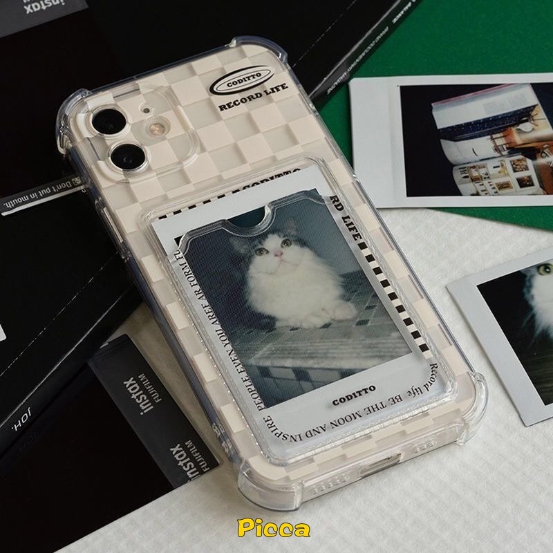 IPHONE Fashion Kotak-Kotak Transparan Tas Kartu Ponsel Case Untuk Iphone7 8 14 Plus XR 11 12 13 14 Pro Max 6 6s Plus X XS Max SE 2020 Bening Card Holder Soft Tpu Cover