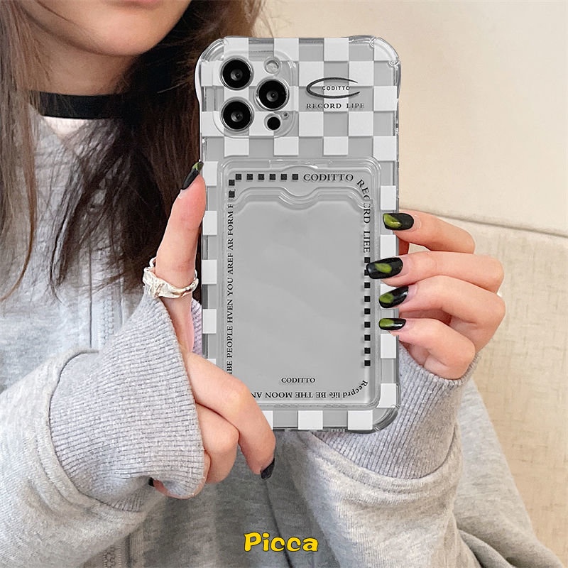 IPHONE Fashion Kotak-Kotak Transparan Tas Kartu Ponsel Case Untuk Iphone7 8 14 Plus XR 11 12 13 14 Pro Max 6 6s Plus X XS Max SE 2020 Bening Card Holder Soft Tpu Cover