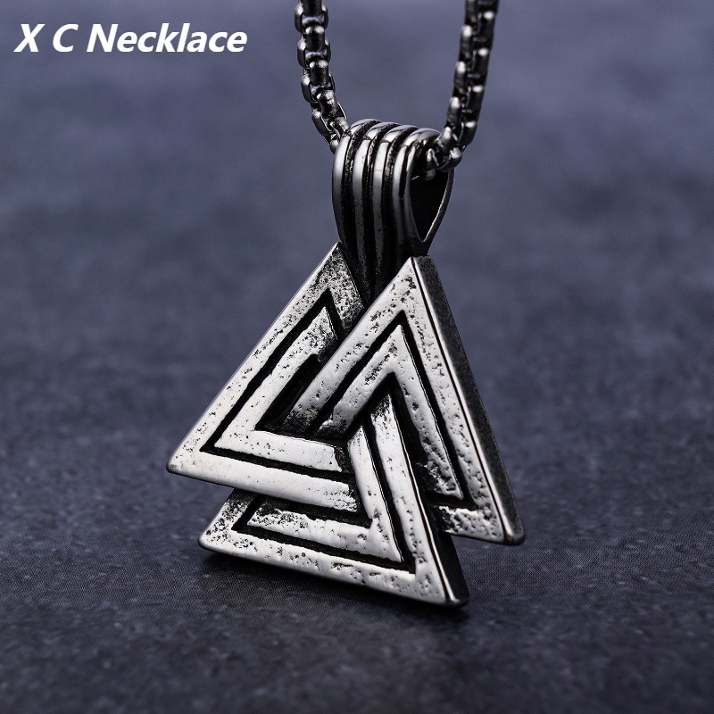 [X C Kalung] Baru Silvery Vintage Viking Rune Viking Segitiga Liontin Punk Hip Hop Stainless Steel Kalung Hadiah Pesta Ulang Tahun Untuk Pria Dan Wanita