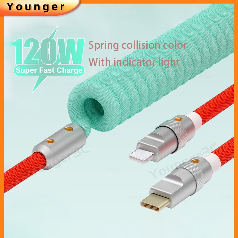 Macaroon 120W Kabel Pengisian Super Cepat 6A Garis Data Warna Tabrak Pegas Cocok Untuk USB Ke Tipe C Kabel PD Dengan Lampu Indikator