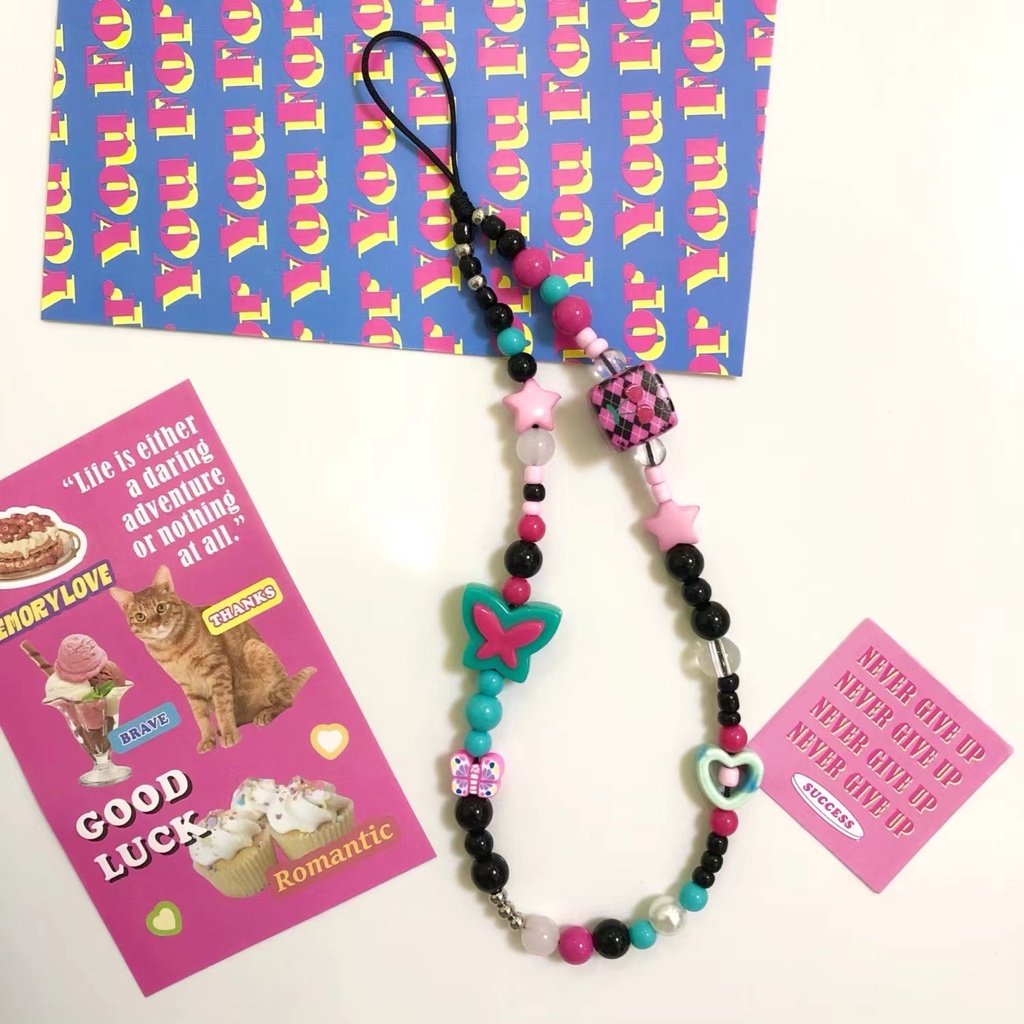 Y2k Gaya Kupu-Kupu Dadu Rantai Ponsel Anti Hilang Lembut Tembikar Tali Strap Lanyard Manik-Manik Akrilik Warna-Warni Kasus Ponsel Kabel Gantung L158-1