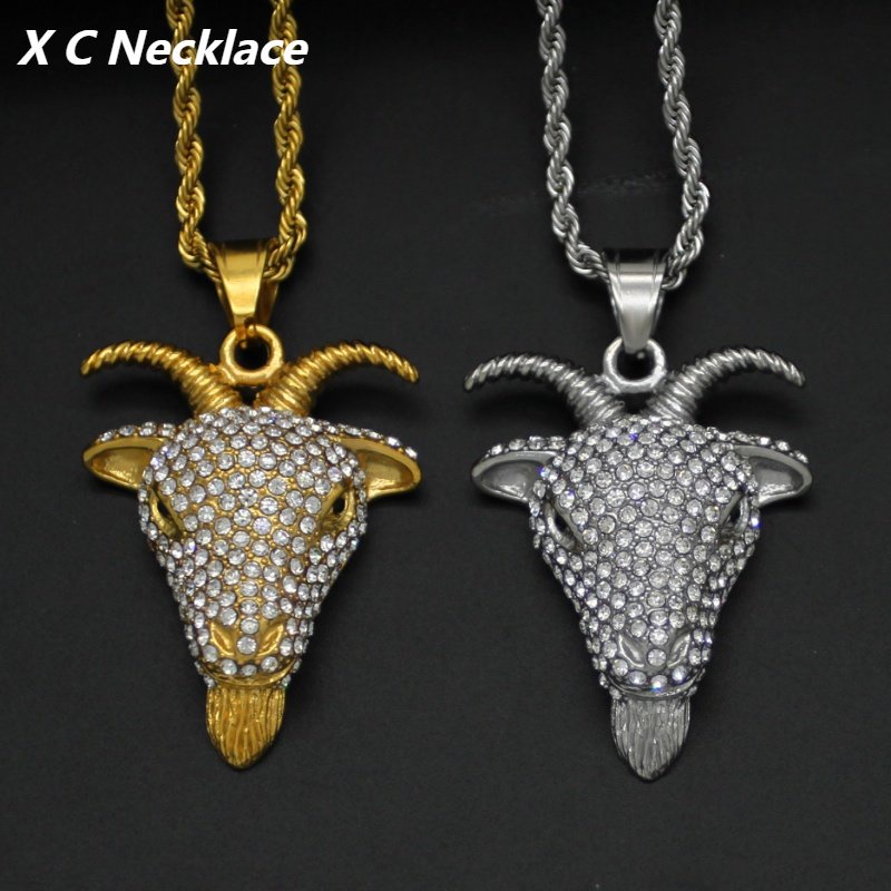 [X C Kalung] Emas Hip Hop Vintage Zirconia Jenggot Domba Titanium Steel Liontin Pria Dan Wanita Kalung Fashion Perhiasan