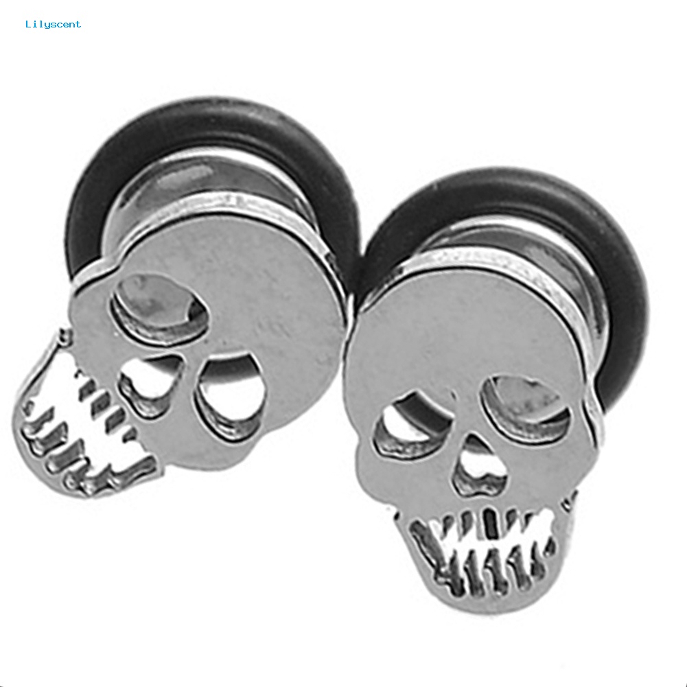 Lilyscent 1pasang Unisex Punk Gothic Stainless Steel Barbel Tengkorak Telinga Studs Anting Perhiasan