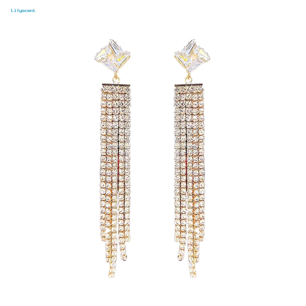 Lilyscent 1pasang Aksesoris Wanita Rumbai Anting Fashion Aksesoris Chic Temperamen Hias Berlian Imitasi Rumbai Telinga Studs Geometris