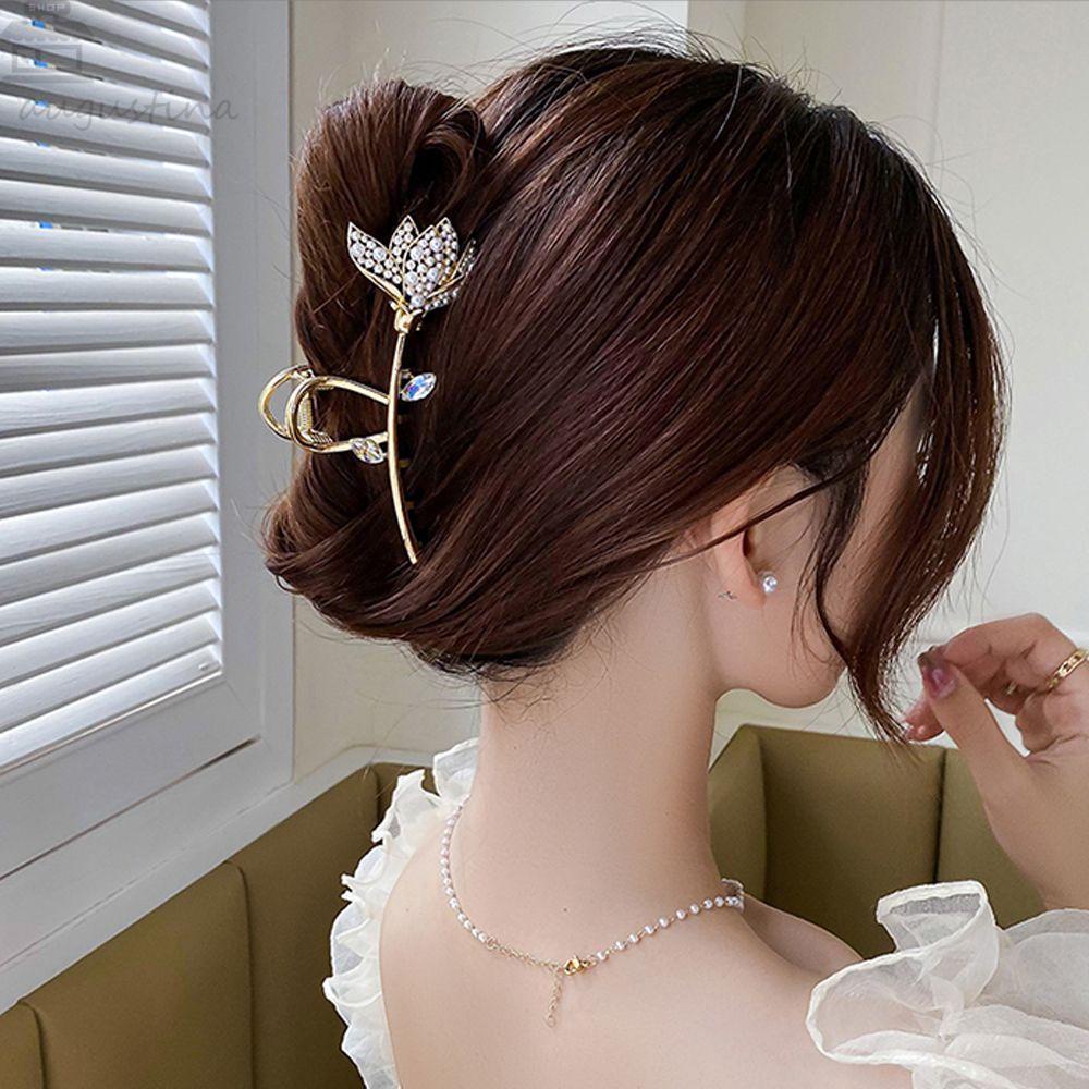 Agustina Wanita Cakar Rambut Trendi Elegan Mutiara Jepit Rambut Lotus Zirkon Hiu Klip