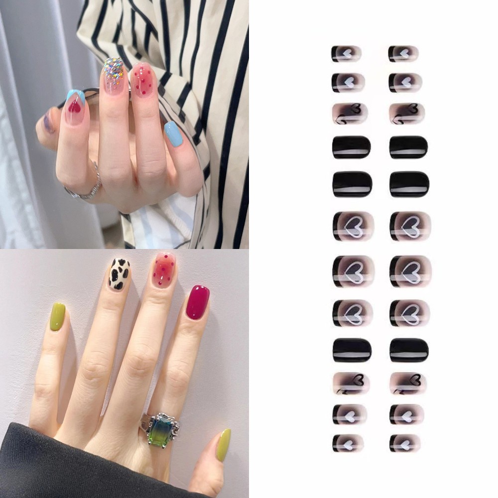 24 Pcs Kuku Pelangi Jantung Kuku Palsu Pendek Wanita Gadis French Manicure Patch