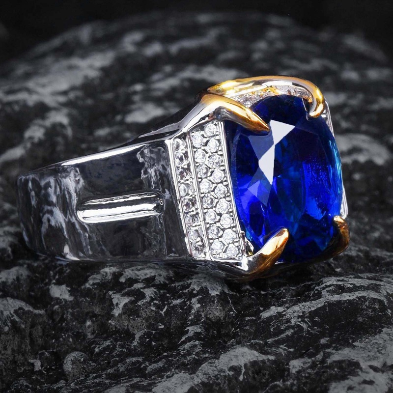 Cincin Safir Simulasi Kualitas Mewah Untuk Pria Cincin Perjamuan Pernikahan Permata Biru Warna-Warni