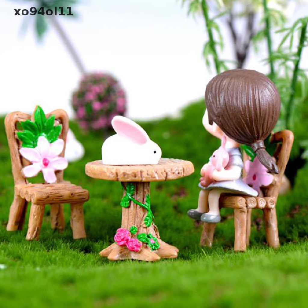 Xo 3Pcs Resin Bunga Meja Kursi Miniatur Taman Lanskap Dekorasi Rumah Boneka OL