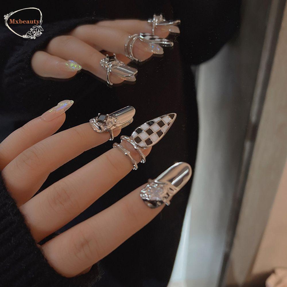 Mxbeauty Rhinestones Armor Cincin Punk Adjustable Gadis Hadiah Aksesoris Pesta Wanita Perhiasan Kuku Paduan Pembukaan Nail Ring