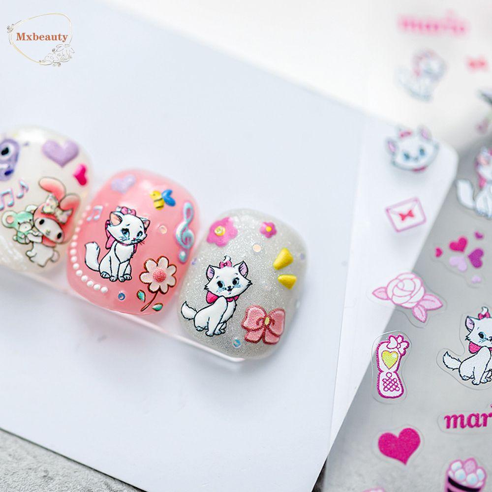 Mxbeauty Kartun Stiker Kuku 3D Relief Bunga Bulan Bintang Marie Cat Bear Self Adhesive DIY Dekorasi Kuku