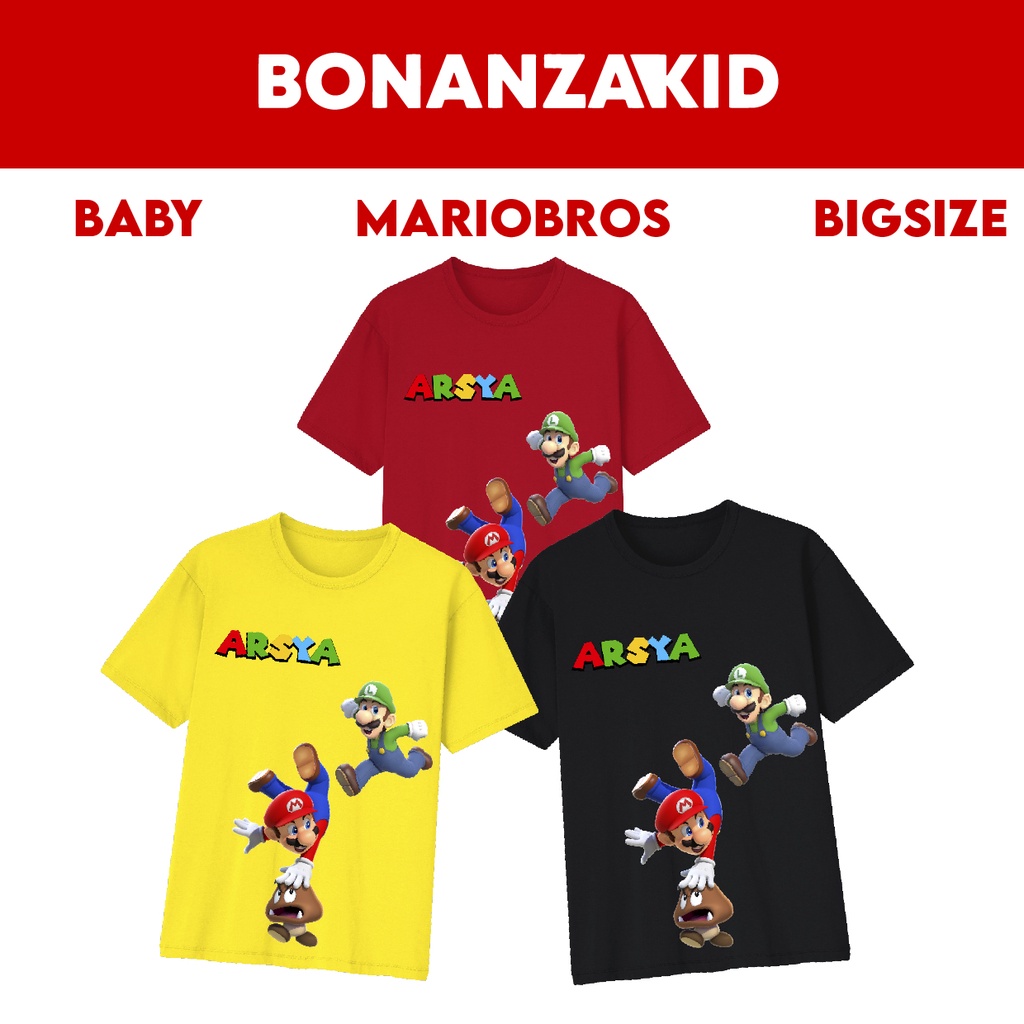 Baju Kaos Custom Nama Edisi Arsya MarioBros Ready size Bayi sampai Dewasa Bahan Katun Combed 30s