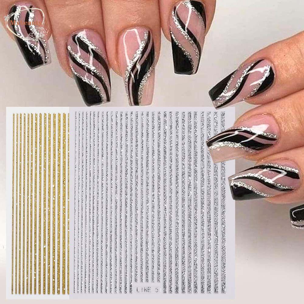 Mxbeauty Bronzing Stiker Kuku Wanita Fashion Manicure Aksesoris Huruf Inggris Garis Geometris Dekorasi Nail Art