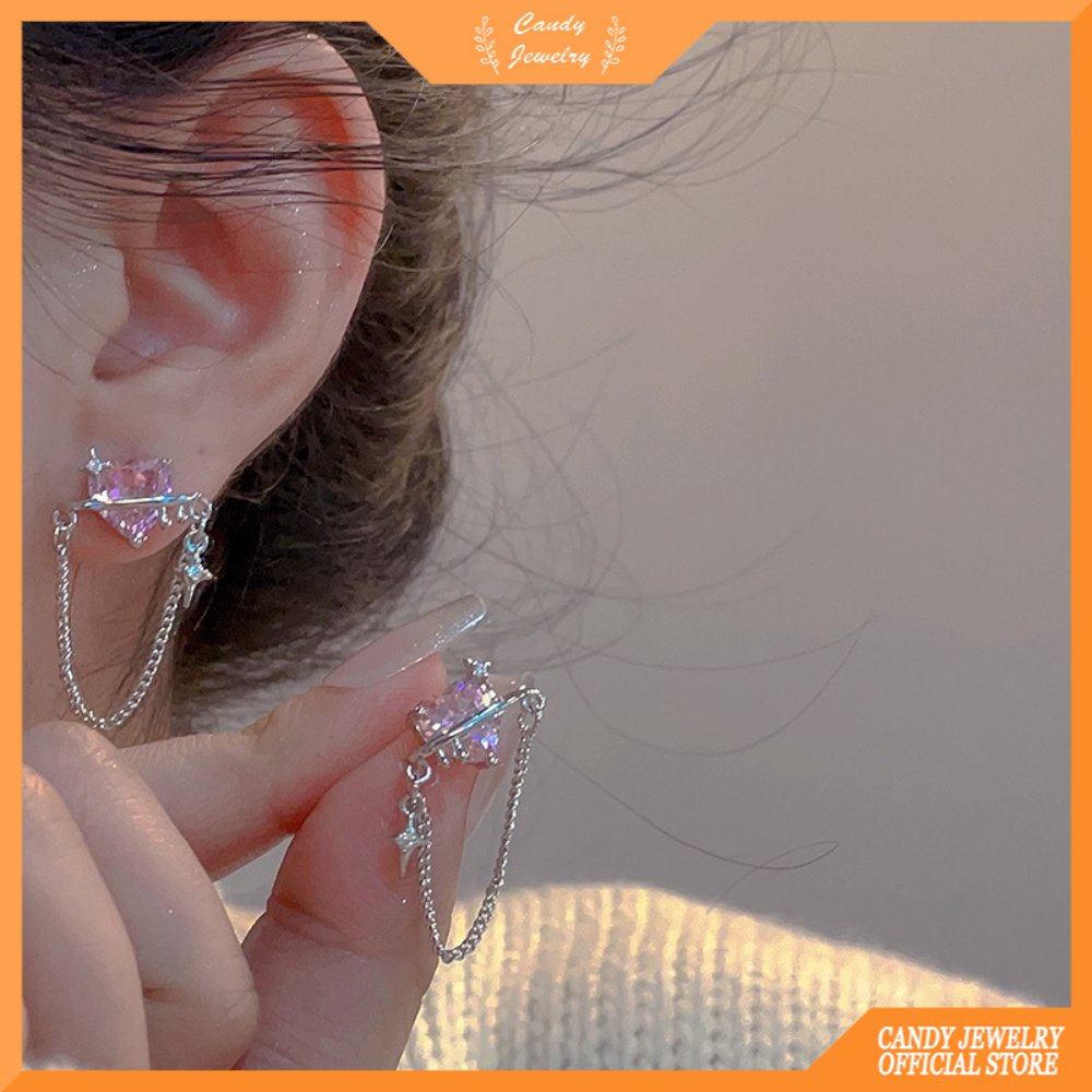 Pink Berbentuk Hati Zirkon Rumbai Rantai Anting Wanita Cahaya Mewah Niche Desain Rasa High-end Anting Kepribadian Temperamen Anting Permen Perhiasan