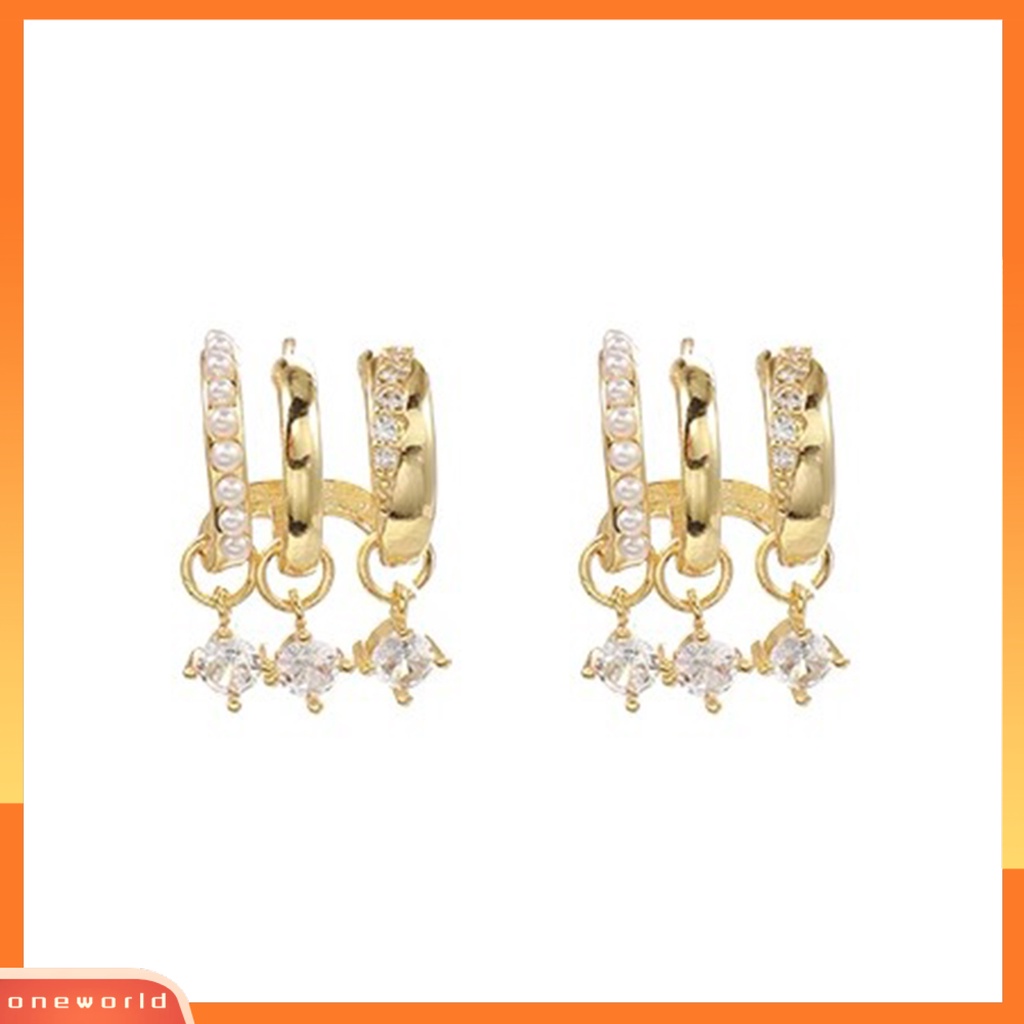 [EONE] 1pasang Anting Hoop Multi-layer Geometris Glitter Mutiara Imitasi Hias Berlian Imitasi Stud Earrings Perhiasan Aksesori