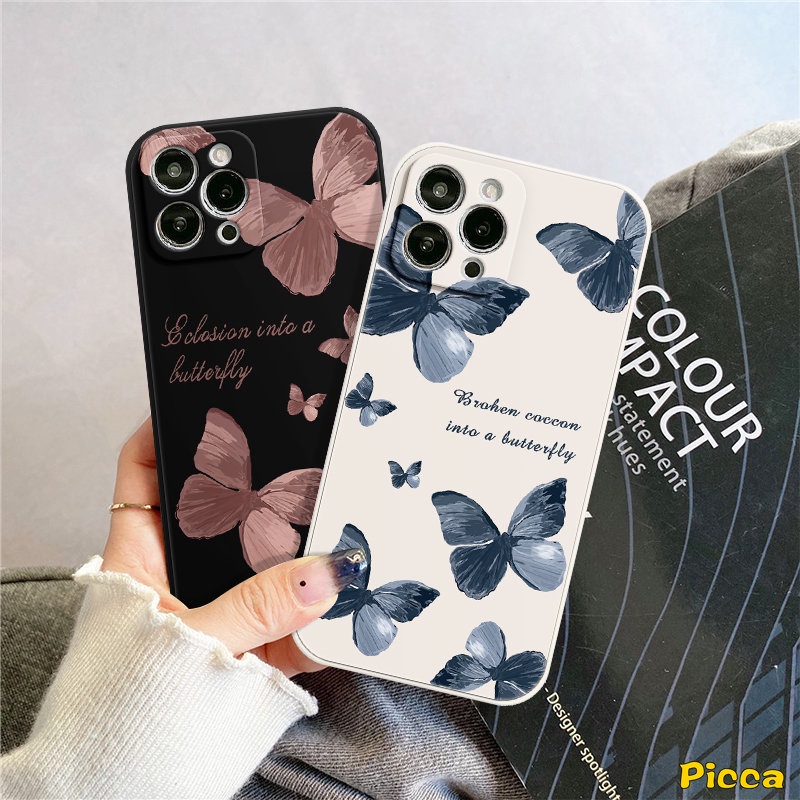 Casing Tepi Lurus Kupu Retro Oppo A12 A16 A15 A17 A57 A95 A76 A94 A7 Reno 8T 8 7 6 5F 5 A5s A3s A54 A9 A78 A55 A53 A31 A5 A52 A16E A1K A16K A96 A36 A74 Side Print Sarung Soft Cover