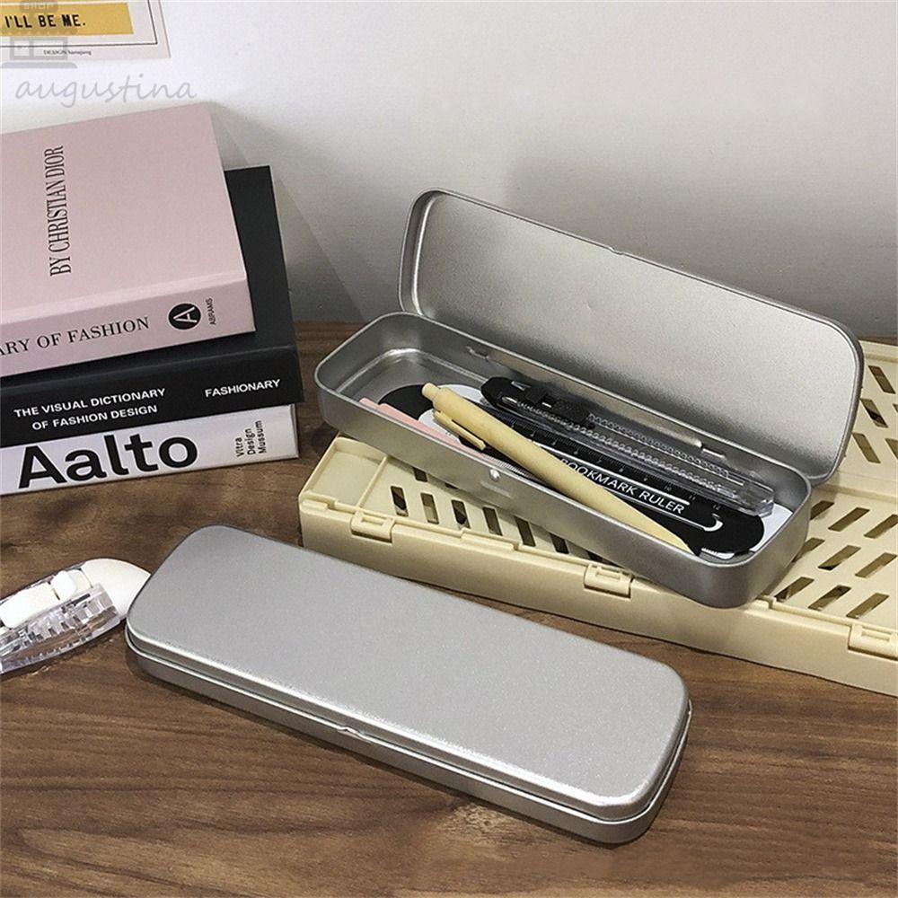 Agustinina Tempat Pensil Kualitas Tinggi Sederhana Lapisan Tunggal Perak Siswa Pen Box Kotak Alat Tulis