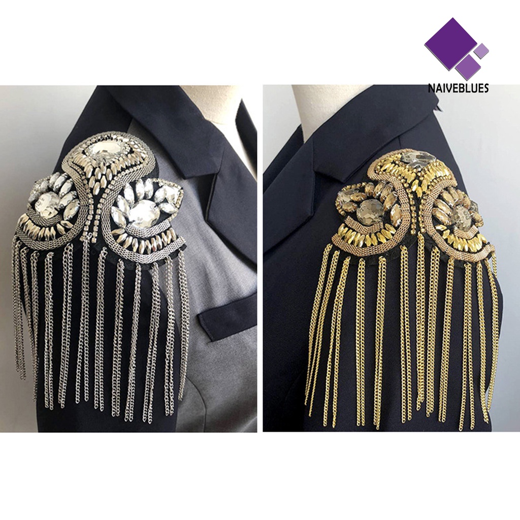 &lt; Naiveblues &gt; Epaulette Hias Buatan Tangan Berlian Imitasi Gaya Punk Retro Rumbai Papan Rantai Lencana Pakaian Dekorasi