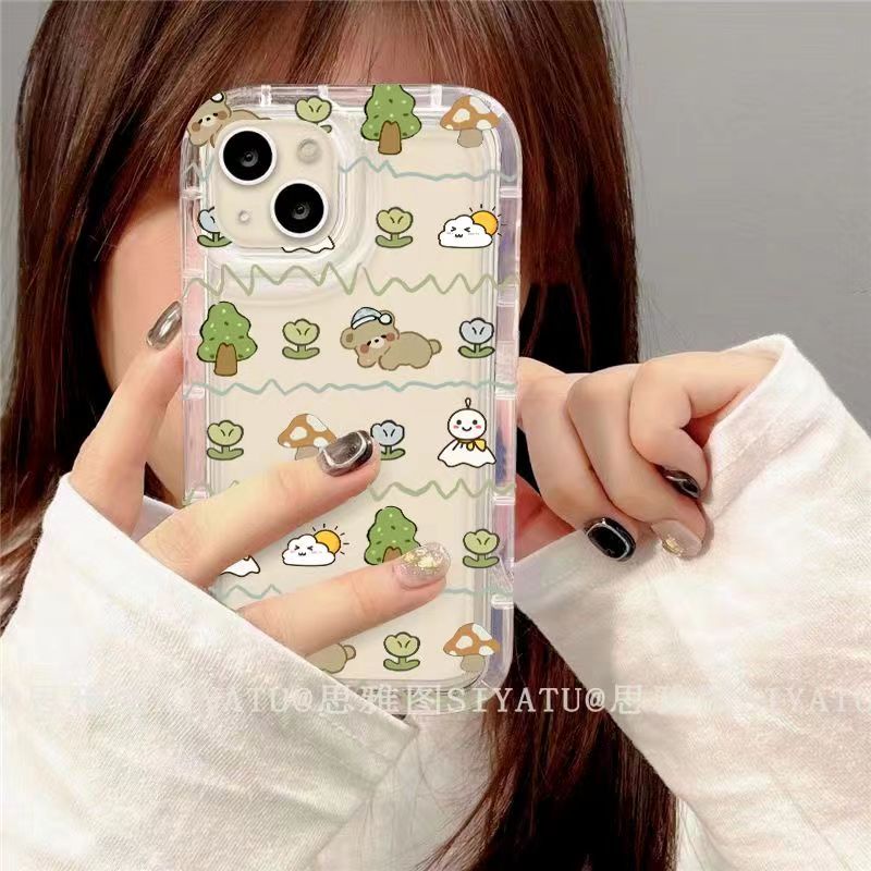 IPHONE Ins Bear Casing Ponsel Cocok Untuk Iphone11 14 14pro 14plus 13 13mini 13pro 13prm iPhone12 7Plus 8Plus Xr XS 13 12mini Pro Max Empat Sudut Casing Ponsel Transparan Tahan Guncangan