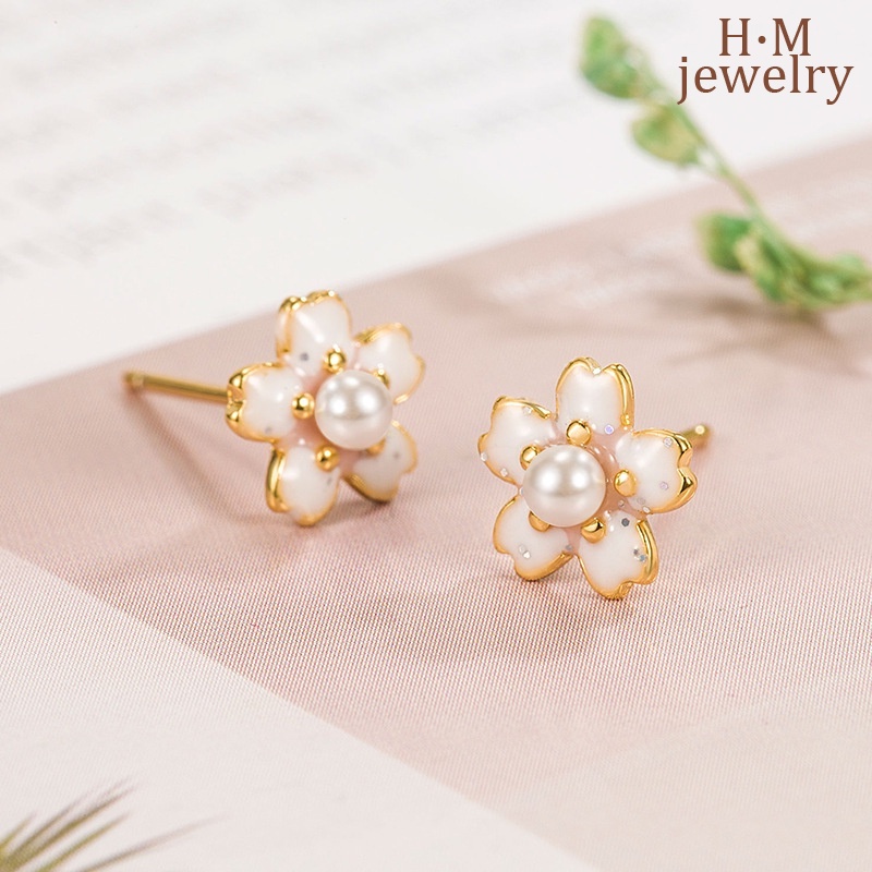 S925 Perak Mutiara Cherry Blossom Telinga Studs Sederhana Dan Kompak Indah2023 Baru Anting