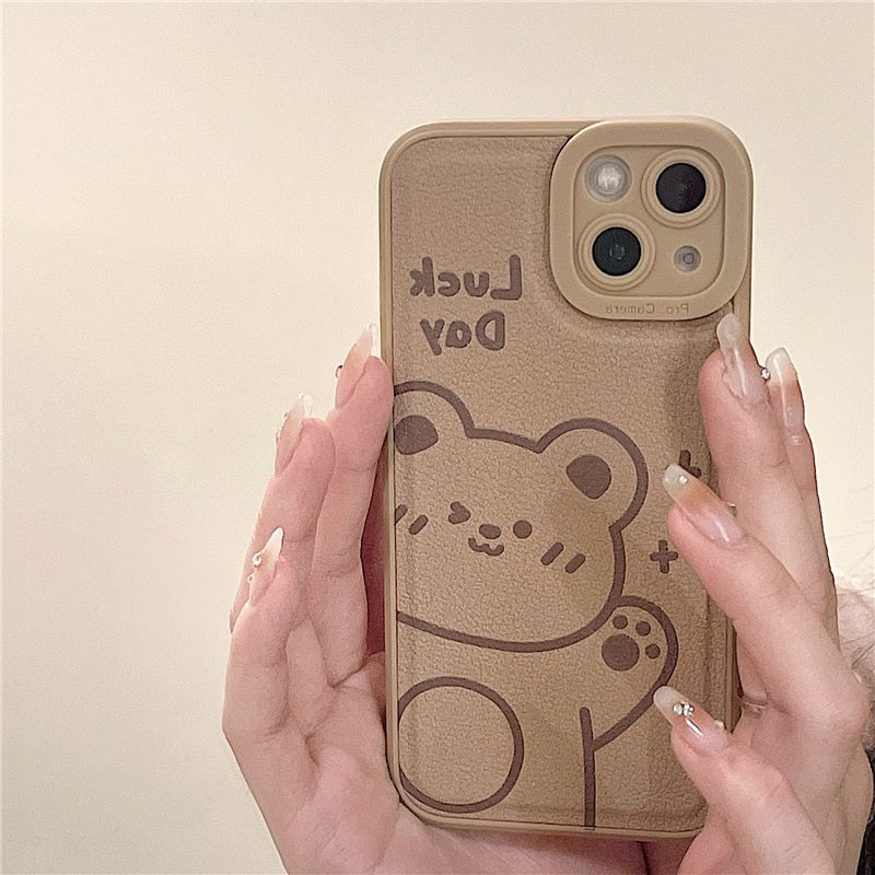 Leather Brown Little Bear Soft Silicon Case HP iP iPhone 7 8 14 + Plus SE 2020 X XS XR Max 11 12 13 Pro Max New FTD Casing Apple