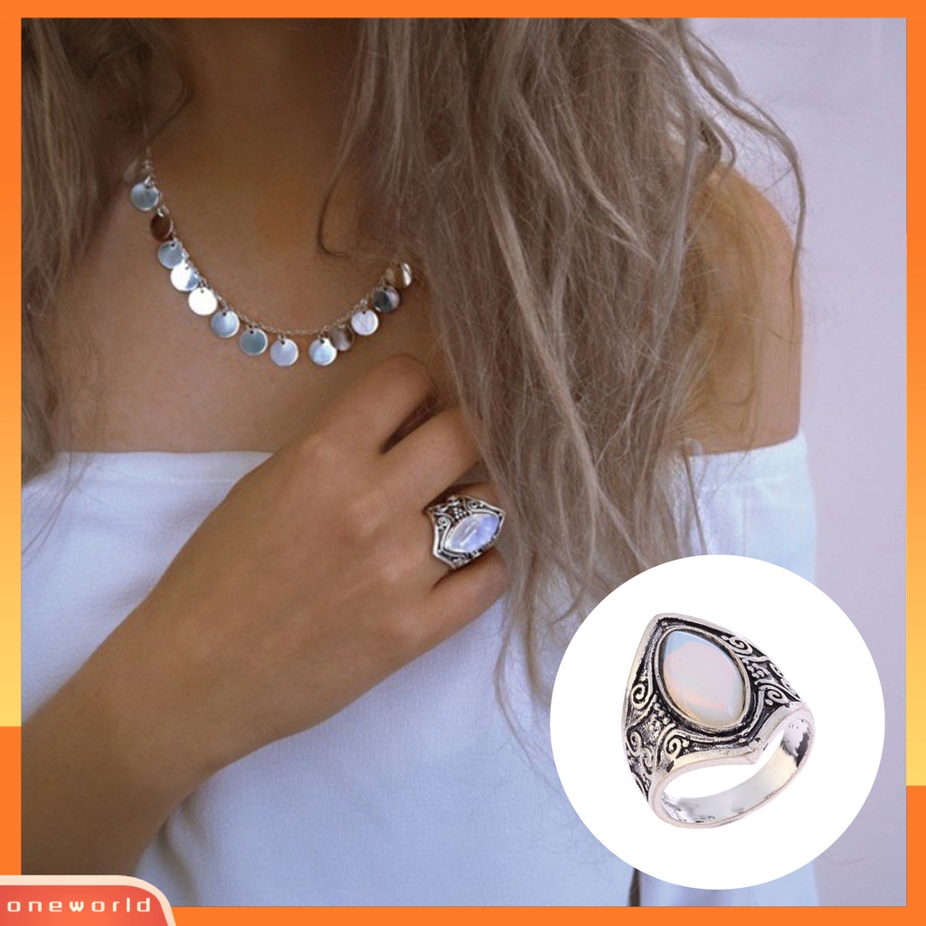 [EONE] Pola Unik Punk Retro Cincin Good-looking Vintage Besar Oval Faux Moonstone Ring Aksesoris Perhiasan