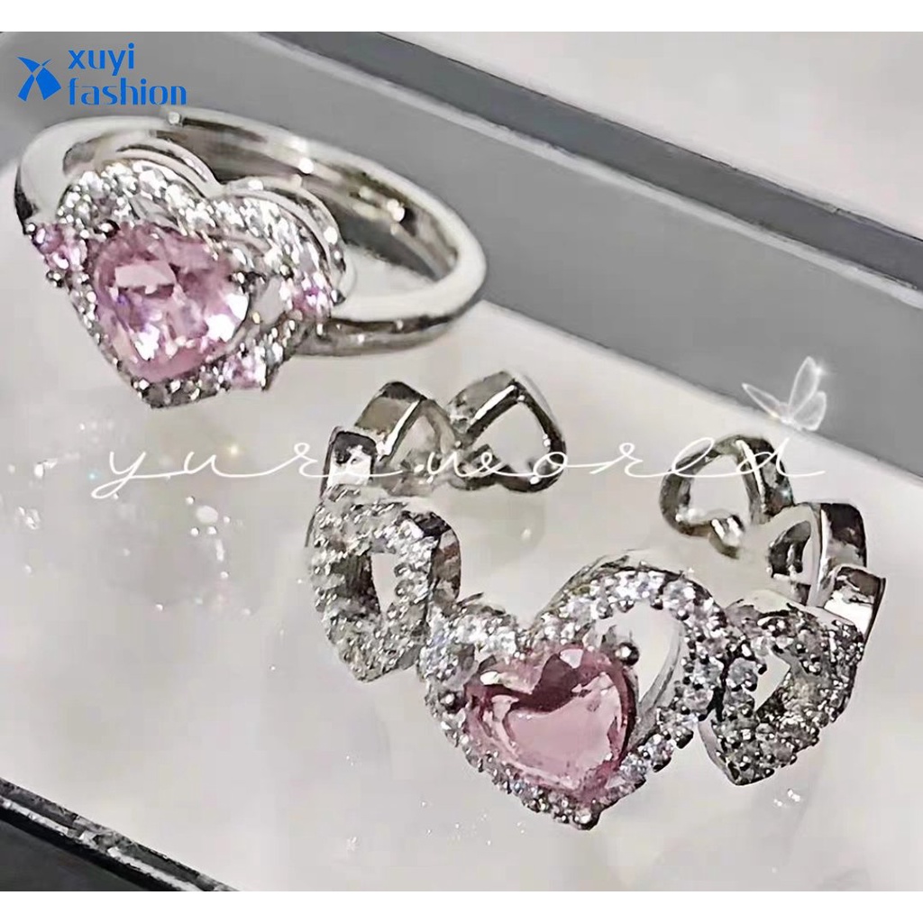 Sweet Pink Zircon Heart Ring Cincin Kristal Silver Untuk Aksesoris Perhiasan Wanita