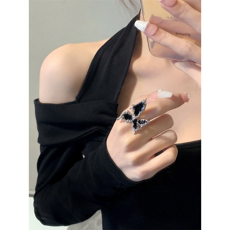 Cincin Pembukaan Kupu-Kupu Hitam Kepribadian Fashion Cahaya Mewah Aksesoris Tangan