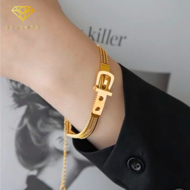 Gelang Titanium Wanita Anti Karat Gesper Sabuk Emas 18K Elegan Fashion Cantik Aksesoris Perhiasan COD