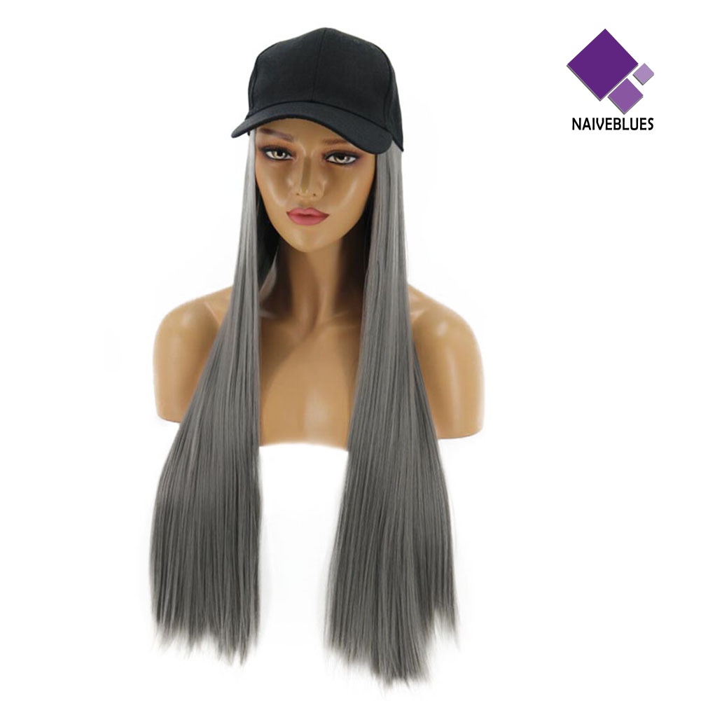 &lt; Naiveblues &gt; Rambut Sintetis Wanita 2in1 Lurus Panjang Dengan Topi Hairpiece Pesta