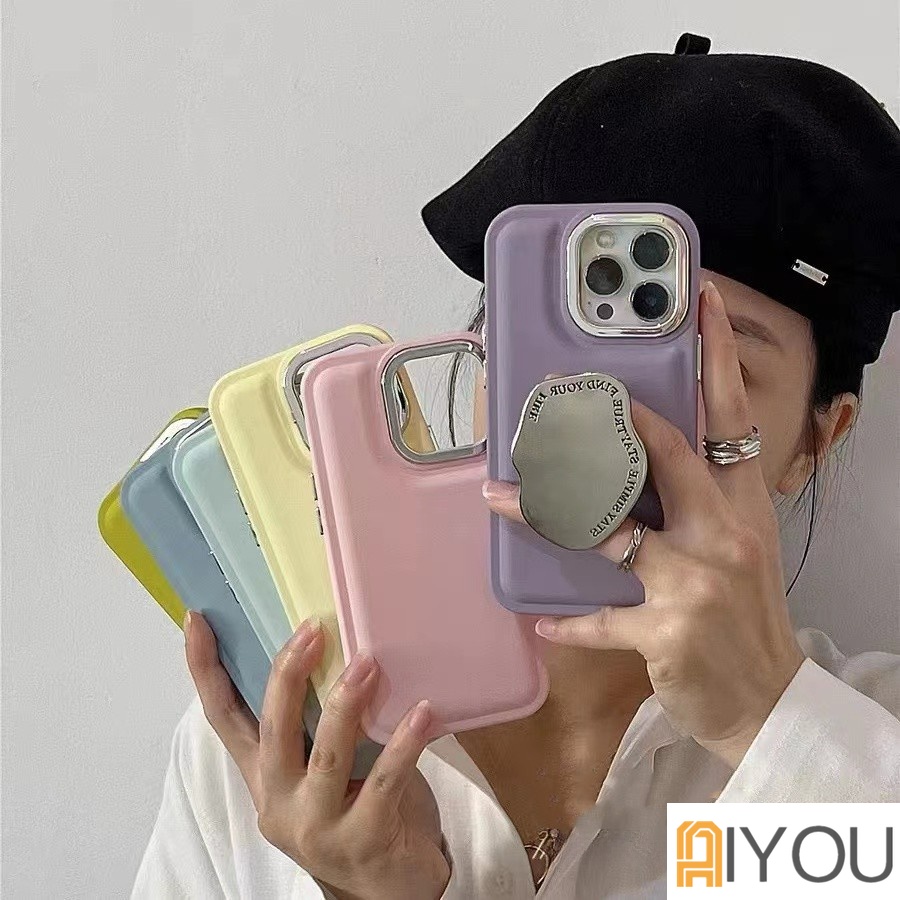 IPHONE Gaya Sederhana air cushion case Untuk Iphone11 12 13 14 Pro Max Plus cases Silikon Lembut shockproof cover Dengan Sliver Korea Mirror Bracket Phone Grip Tok Griptok Holder