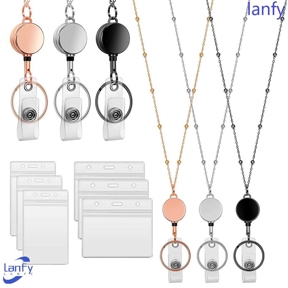 Lanfy Retractable Badge Reel Lanyard Karyawan Perawat Tahan Air Alat Kantor Stainless Steel Kartu Nama Gantungan Kunci Badge Holder Kalung