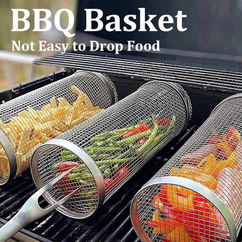 Outdoor Camping Memanggang Keranjang Kawat Aksesoris Alat Barbekyu Silinder Panggangan Sayur Rolling BBQ Basket Bulat Stainless Steel Mesh Basket Barbecue Rack Portable