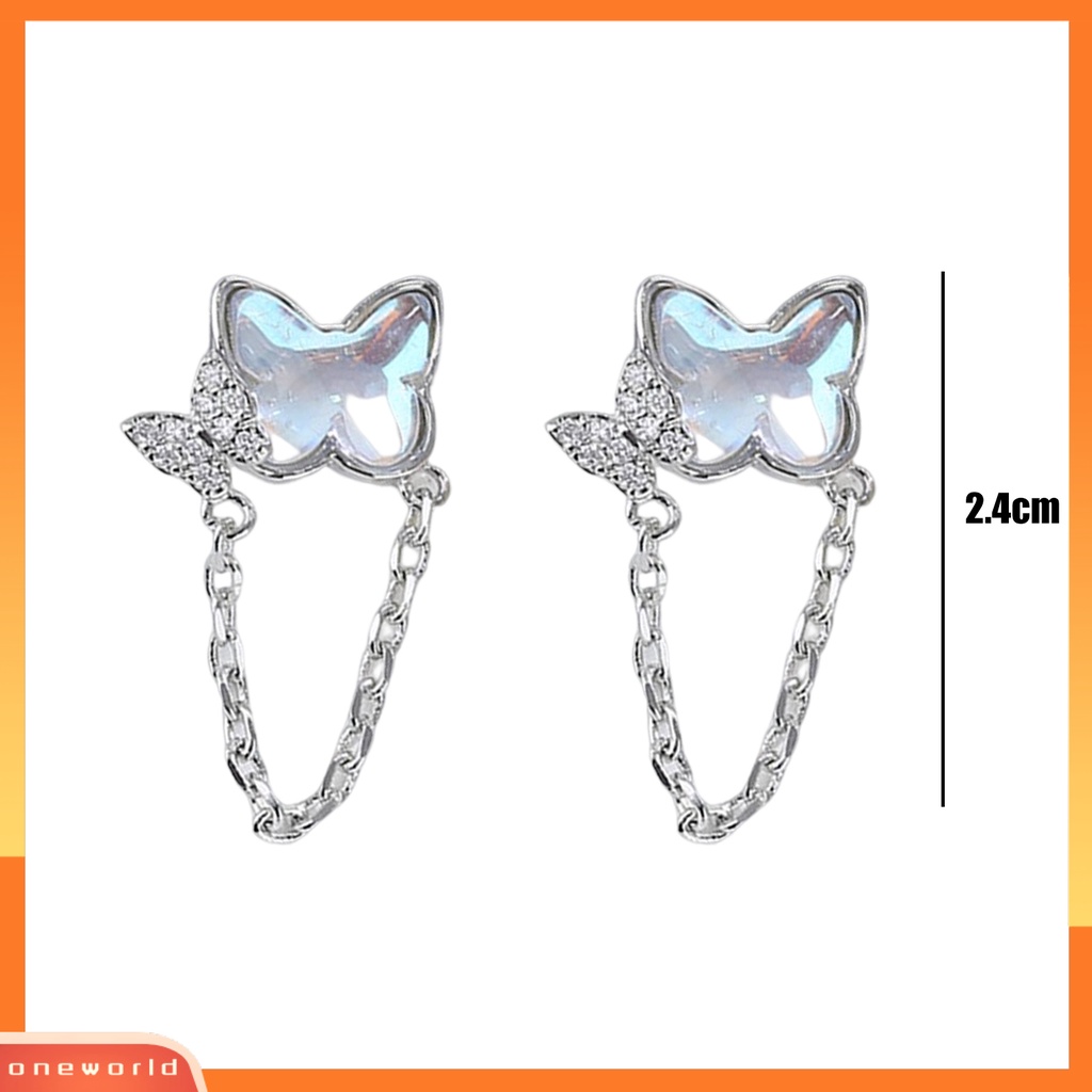 [EONE] 1pasang Ear Studs Mini Faux Moonstone Elegan Berlian Imitasi Tertanam Kupu-Kupu Rantai Wanita Anting Perhiasan Fashion