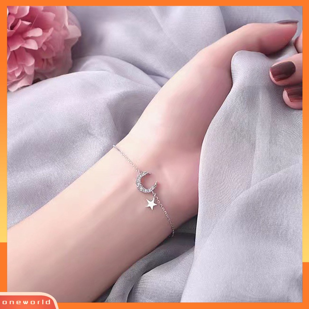 [EONE] Wanita Gelang Adjustable All-match Cinta Berlian Imitasi Bulan Liontin Lady Bangle Sekolah