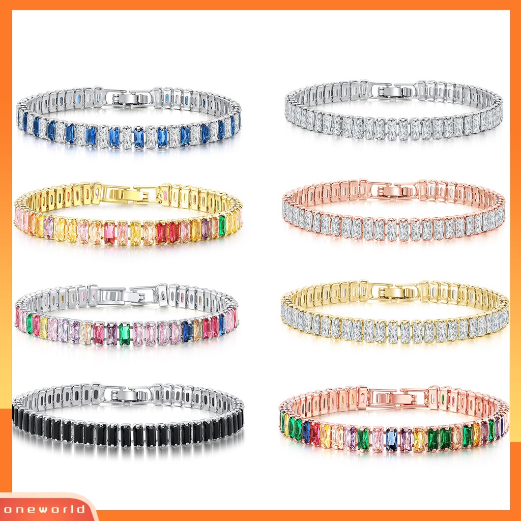 [EONE] Wanita Gelang Warna-Warni Cubic Zirconia Perhiasan Persegi Panjang Berlian Imitasi Gelang Hadiah Ulang Tahun