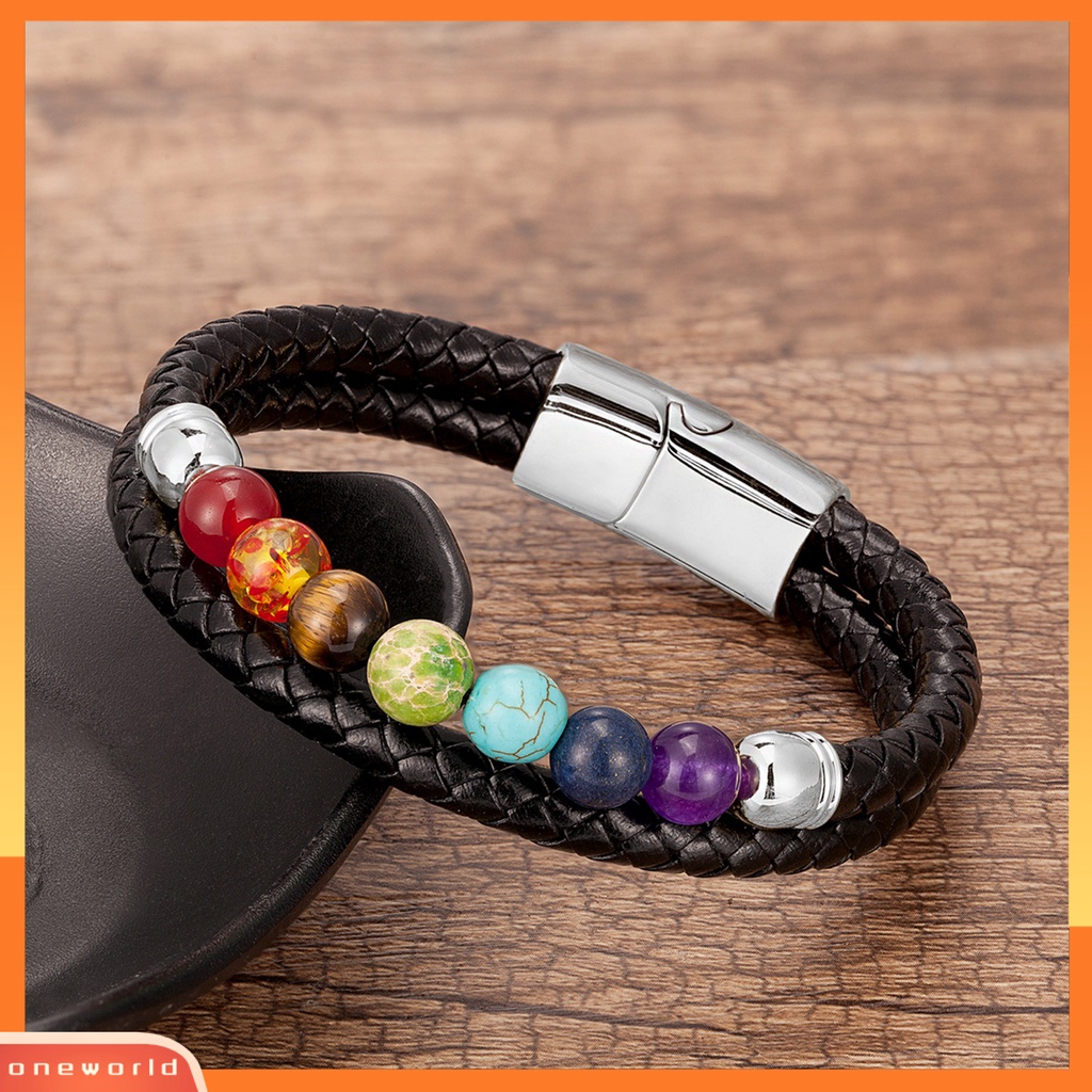 [EONE] Charm Gelang Double Layer Tali Dikepang Vintage Pengerjaan Halus Manik-Manik Warna-Warni Menghias Karat-Bukti Dikepang Gelang Kulit Imitasi Untuk Pakaian Sehari-Hari