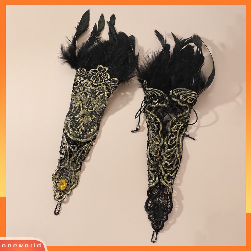 [EONE] 1pasang Showgirl Gloves Eye-catching Berlebihan Pengerjaan Halus Gaya Etnik Vintage Pakaian Tari Wanita Gothic Sarung Tangan Renda Bordir Sarung Tangan Perjamuan Aksesori