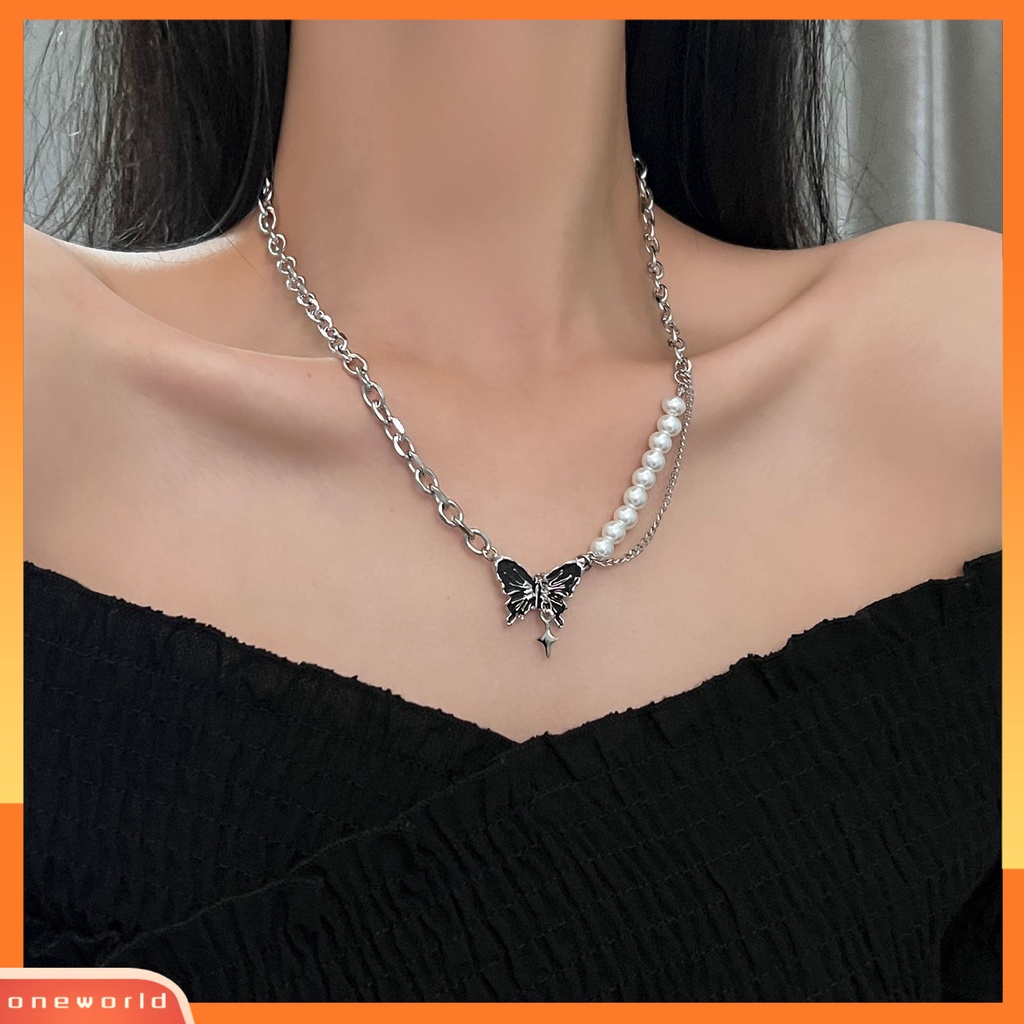 [EONE] Wanita Kalung Manis Keren Asimetris High Gloss Mutiara Imitasi Link Rantai Hadiah Hitam Kupu-Kupu Liontin Sweater Kalung Fashion Perhiasan