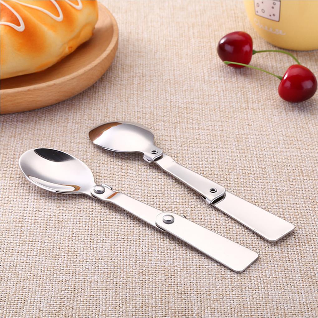 3pcs Sendok Lipat Tahan Aus Bahan Stainless Steel Untuk Aktivitas Luar Ruangan